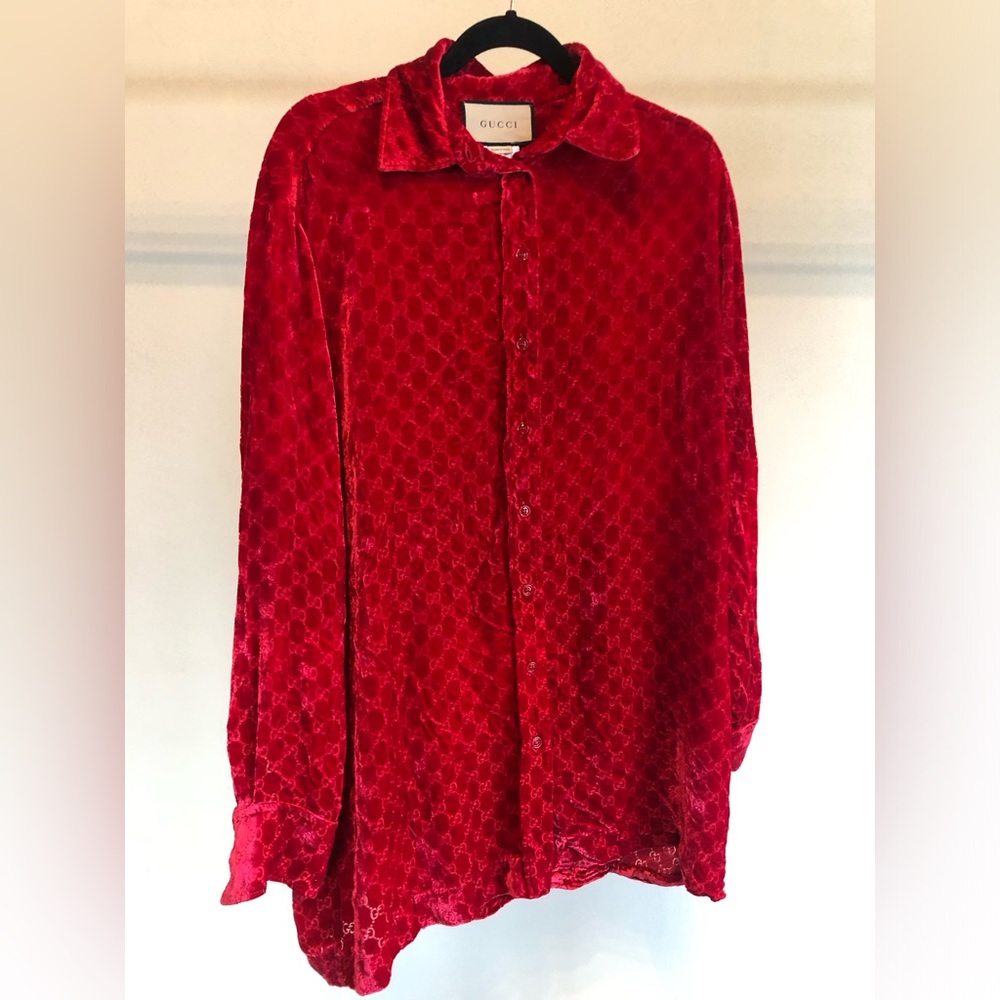 Gucci Red Devoré-Velvet Oversized Women’s Button Down Blouse - Picture 3 of 7
